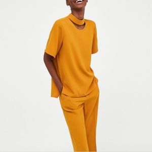 ZARA Women's Size Small Mustard Yellow Cutout Neck Button Short Sleeve Blonde